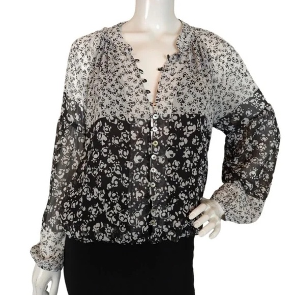 Joie Floral Print Caillie long sleeve Top Black White balloon sleeve Blouse M - Picture 15 of 15